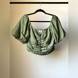 Lucy Paris Puff Sleeve Smocked Crop Top in Green M